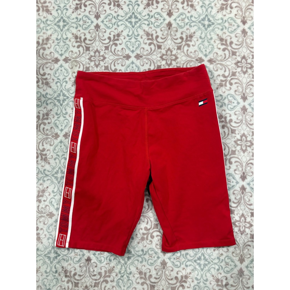 Tommy Hilfiger Sport Red Logo Tape Bike Shorts Womens Large High Waist Athletic